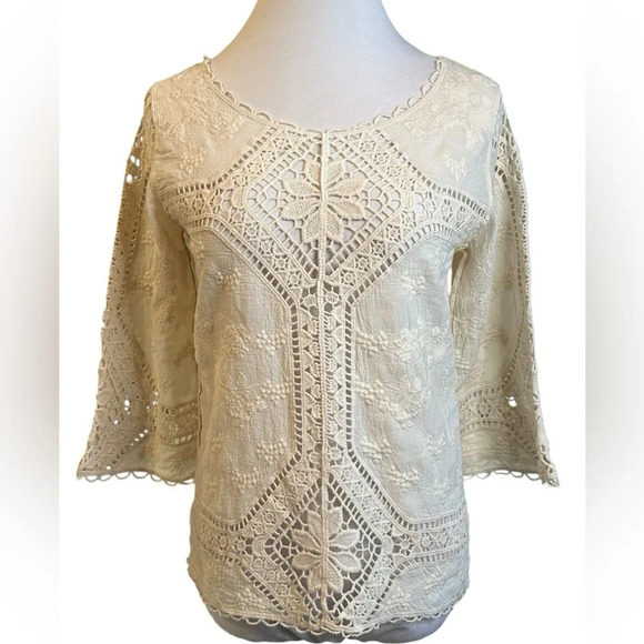 Coco & Jaimeson Ivory Embroidered Crocheted Sheer Top - Picture 1 of 5